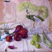 Л. Оборина. Шкловские пришельцы. Пять красных луковиц, картон, пастель, 57 х 63 см.